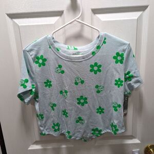 Disney Mickey Mouse Juniors Women's Blue Green Crop Top Bandana Hem Shirt